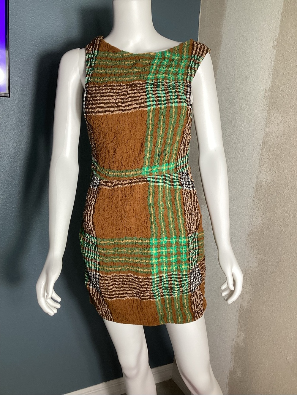 Free People Plaid Cutout Mini Dress Size M Brown Green new